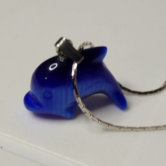 Glass Blue Dolphin Pendant Necklace 15.5 Inches - Picture 14 of 16